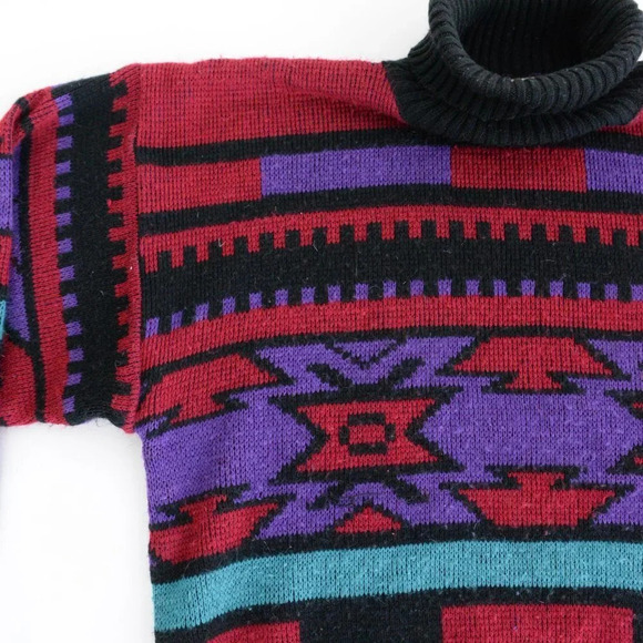 Vintage 90'S Vanderbilt Maroon Black Purple Aztec Turtleneck  Knit Sweater M - Picture 8 of 13